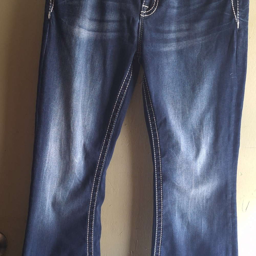 Miss Me Dark Blue Flared Jeans with Contrast Stitching